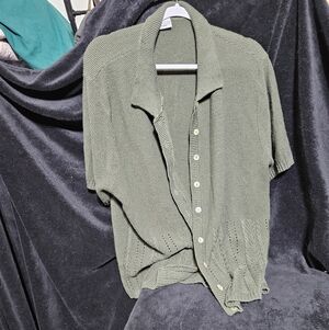 Olive Green Knit Button-Up Shirt